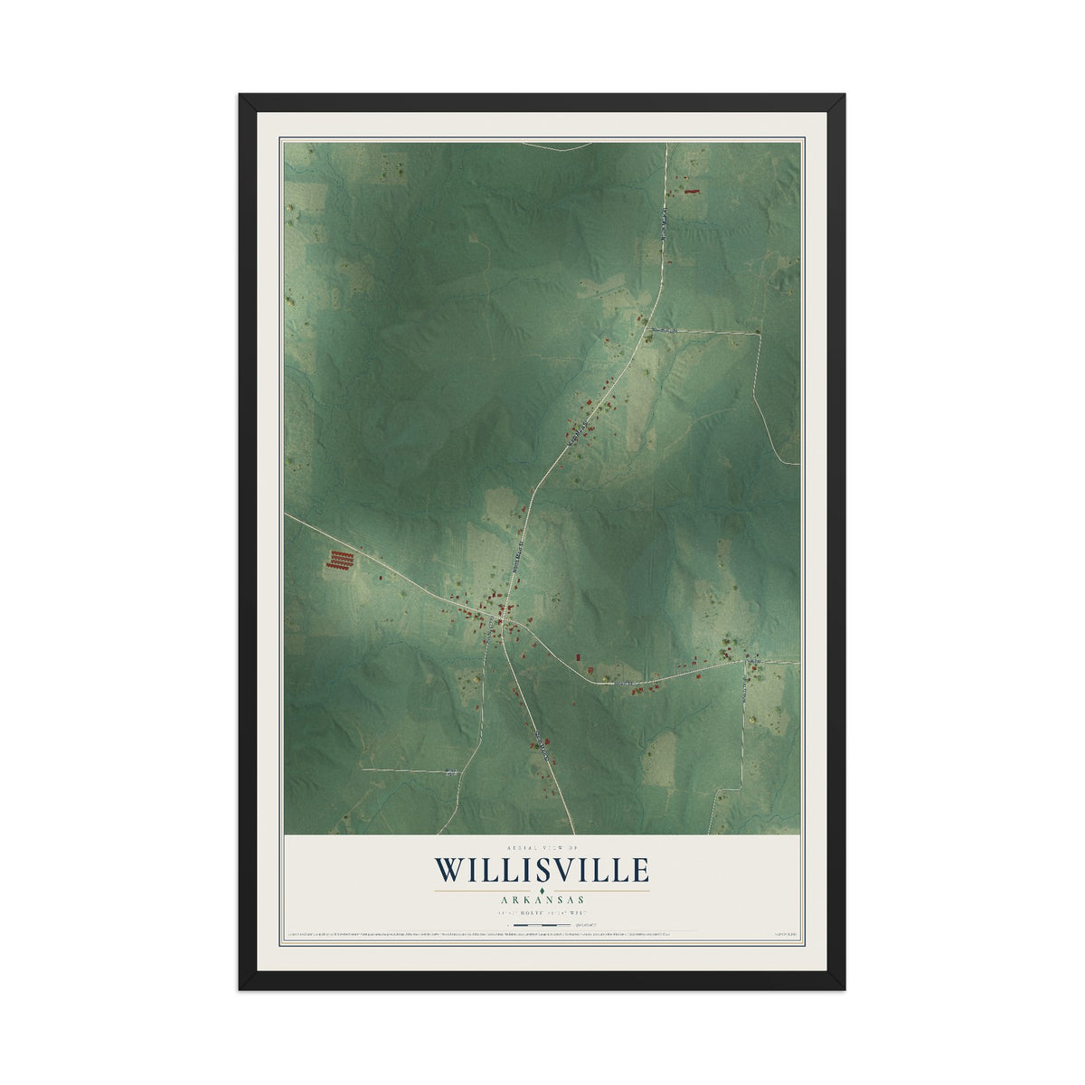 Map of Willisville, Arkansas, 12 x 18 inch print in a black wood frame