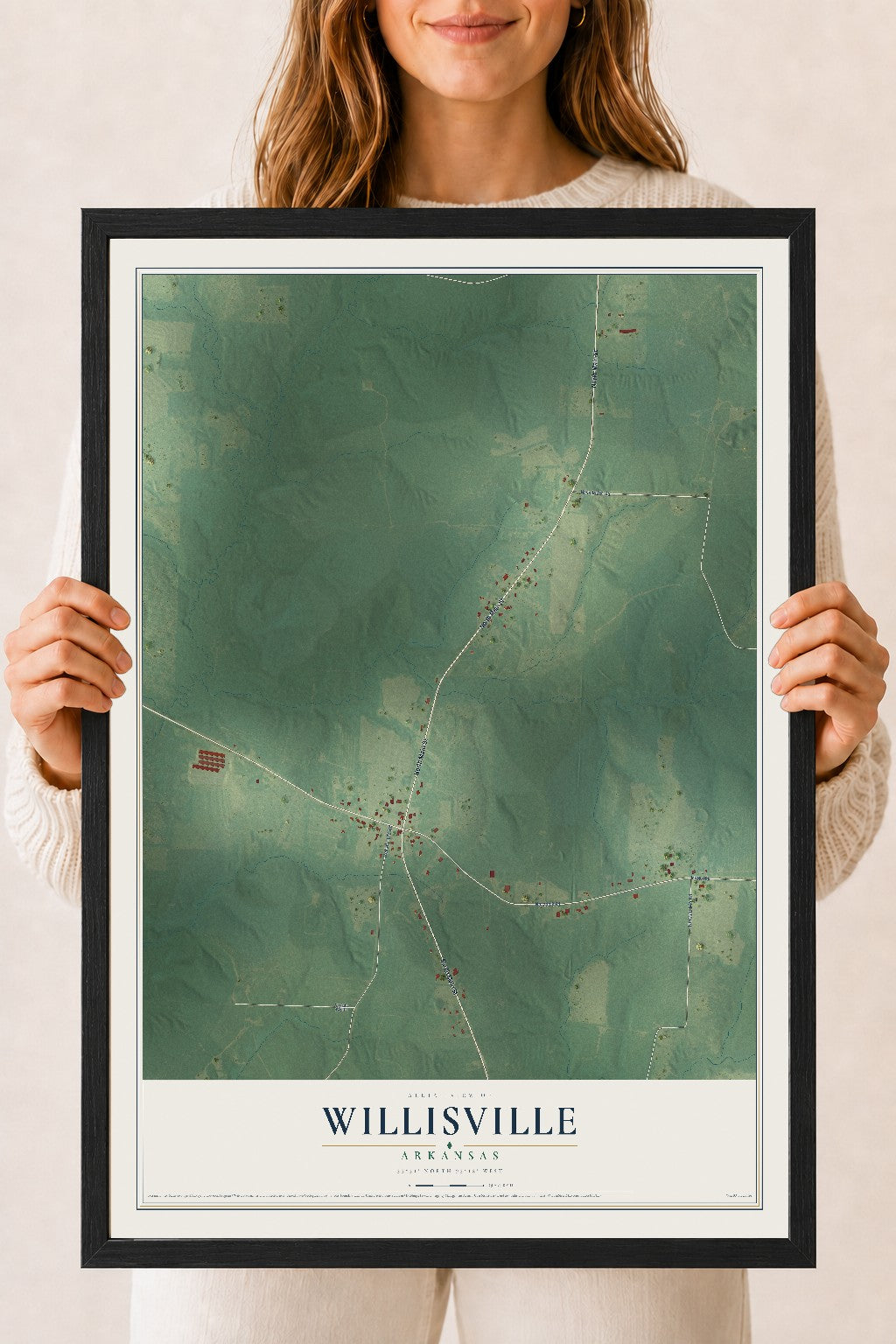 Map of Willisville, Arkansas, 18 x 24 inch print in a black wood frame