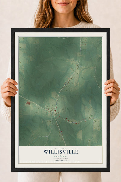 Map of Willisville, Arkansas, 18 x 24 inch print in a black wood frame