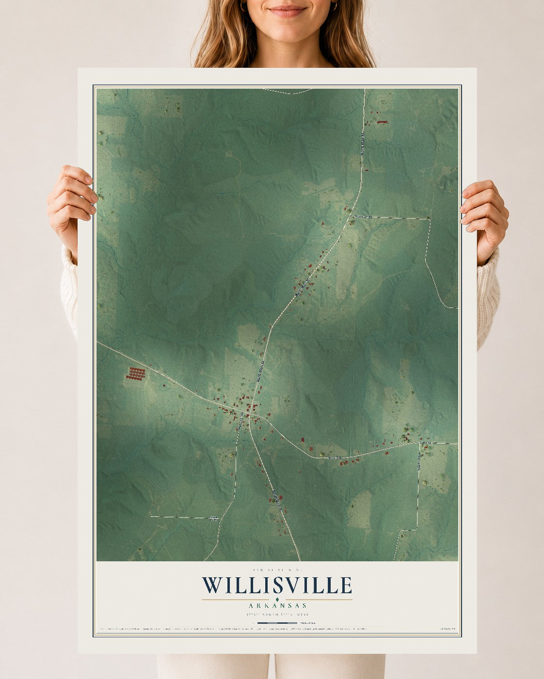 Map of Willisville, Arkansas, 24 x 36 inch unframed archival matte print