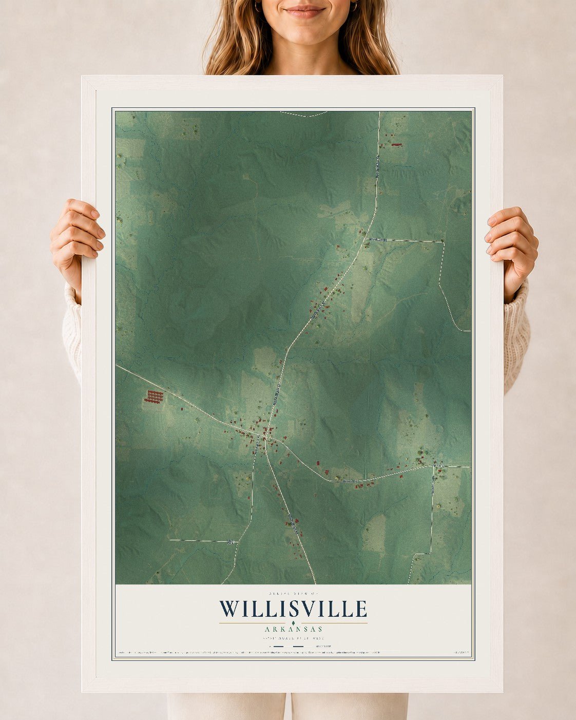Map of Willisville, Arkansas, 24 x 36 inch print in a white wood frame