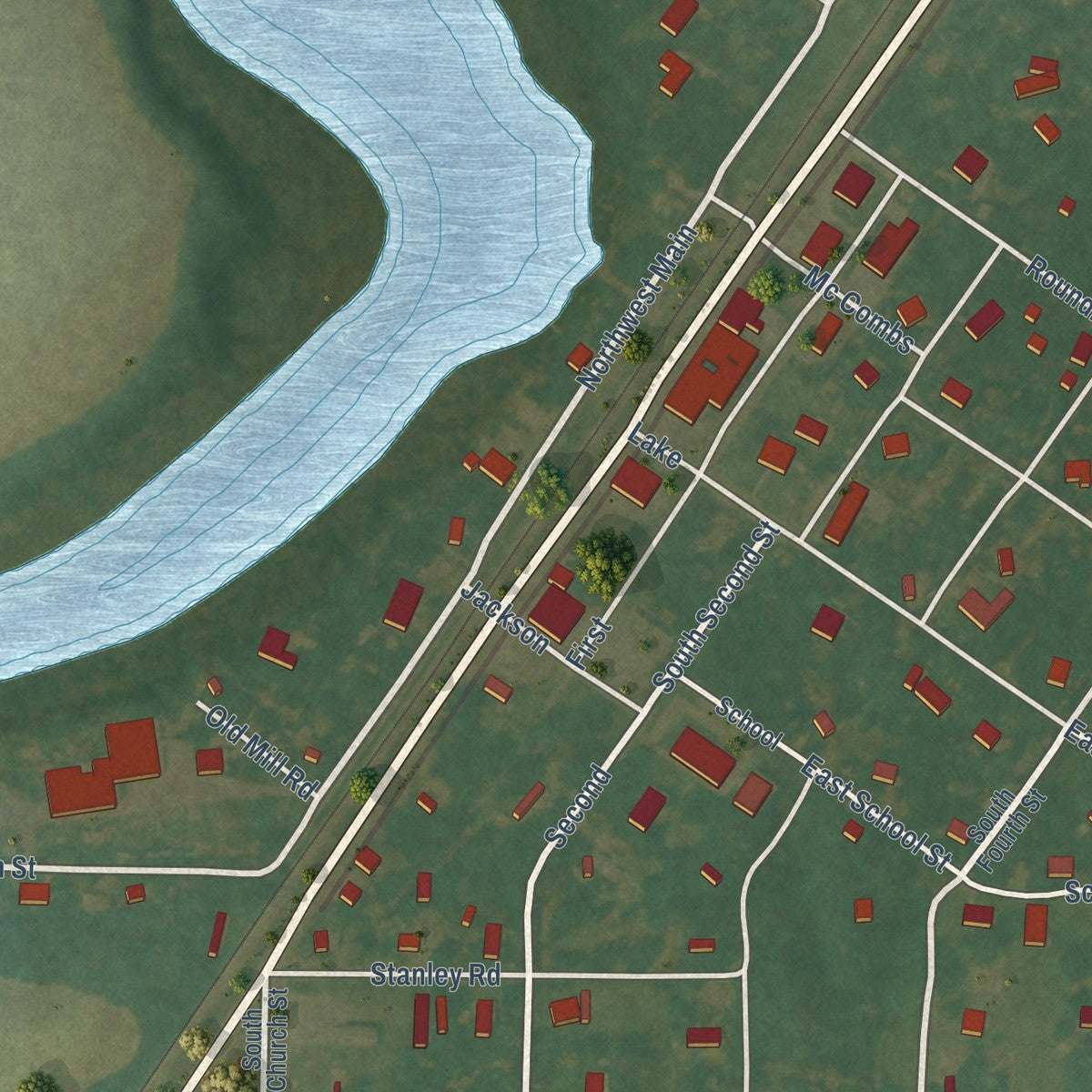 Close-up of the map of Wilmot, Arkansas print showing street and building detail