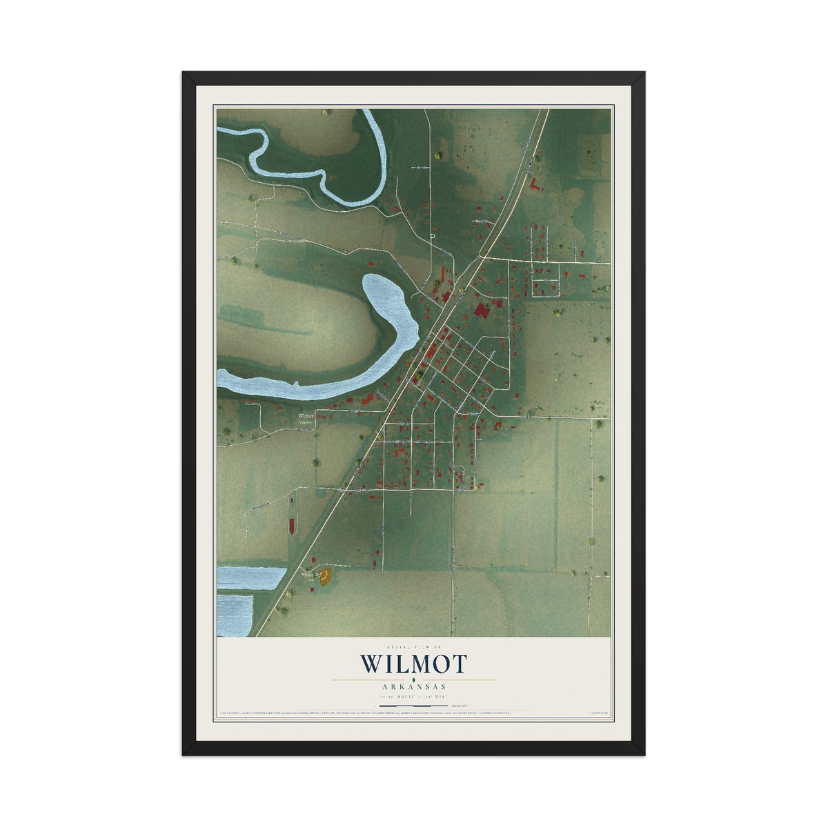Map of Wilmot, Arkansas, 12 x 18 inch print in a black wood frame