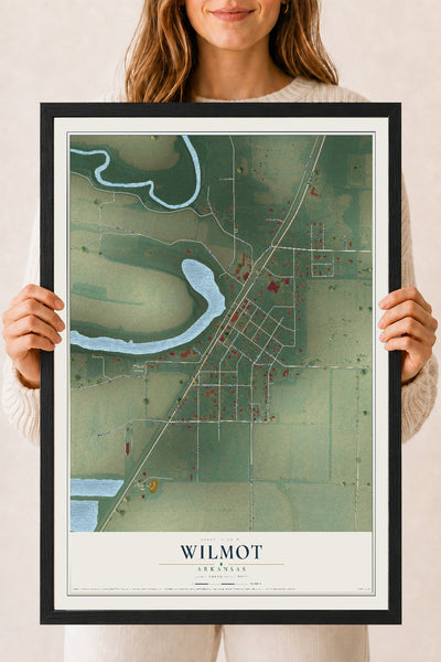 Map of Wilmot, Arkansas, 18 x 24 inch print in a black wood frame