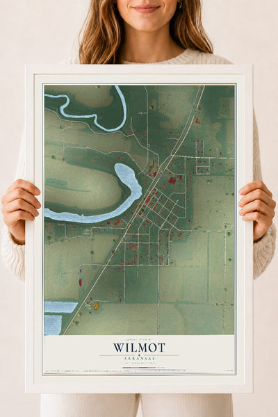 Map of Wilmot, Arkansas, 18 x 24 inch print in a white wood frame