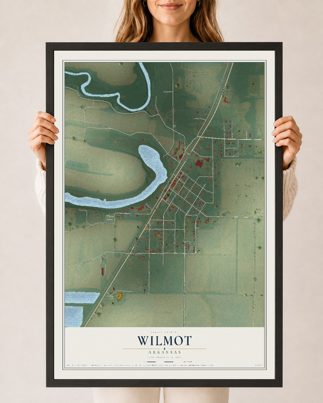 Map of Wilmot, Arkansas, 24 x 36 inch print in a black wood frame