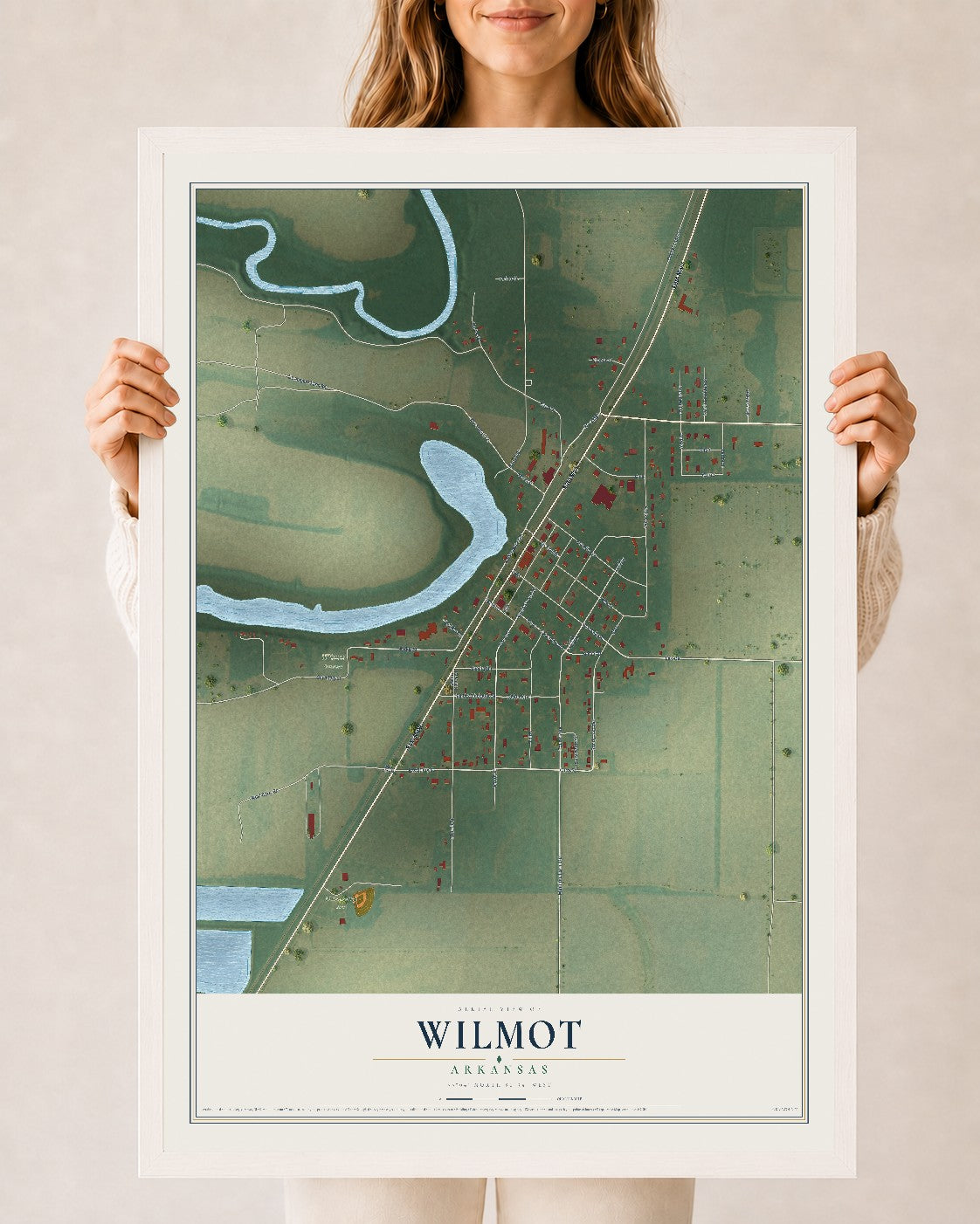 Map of Wilmot, Arkansas, 24 x 36 inch print in a white wood frame