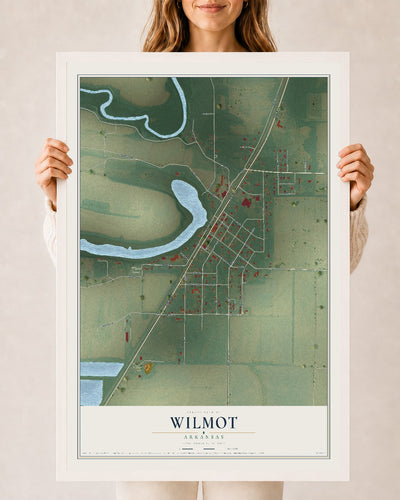 Map of Wilmot, Arkansas, 24 x 36 inch print in a white wood frame
