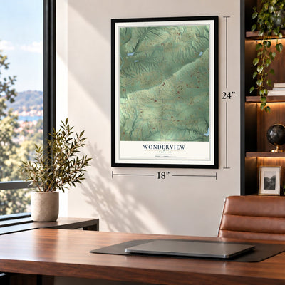 Wonderview, Arkansas map, 18 x 24 inch print in a black frame in a home office