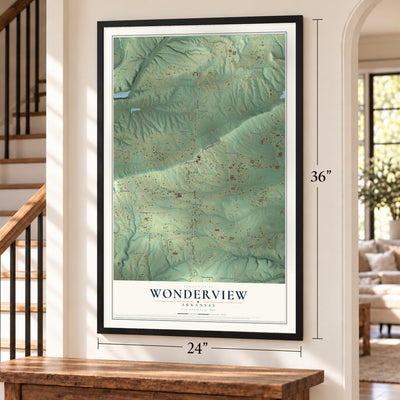 Wonderview, Arkansas map, 24 x 36 inch print in a black frame by a staircase