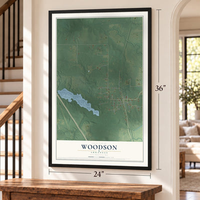 Woodson, Arkansas map, 24 x 36 inch print in a black frame by a staircase