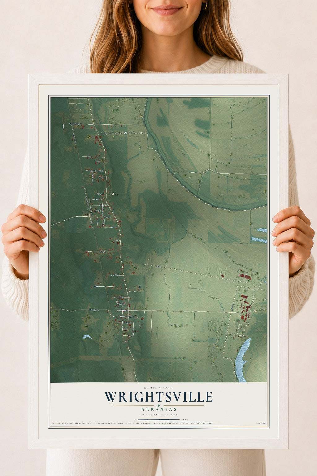 Map of Wrightsville, Arkansas, 18 x 24 inch print in a white wood frame