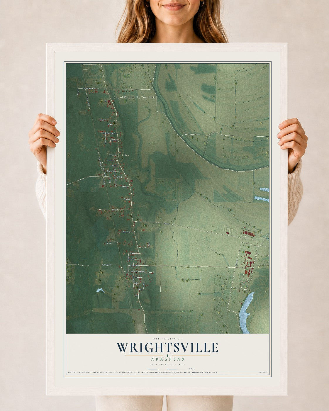 Map of Wrightsville, Arkansas, 24 x 36 inch print in a white wood frame