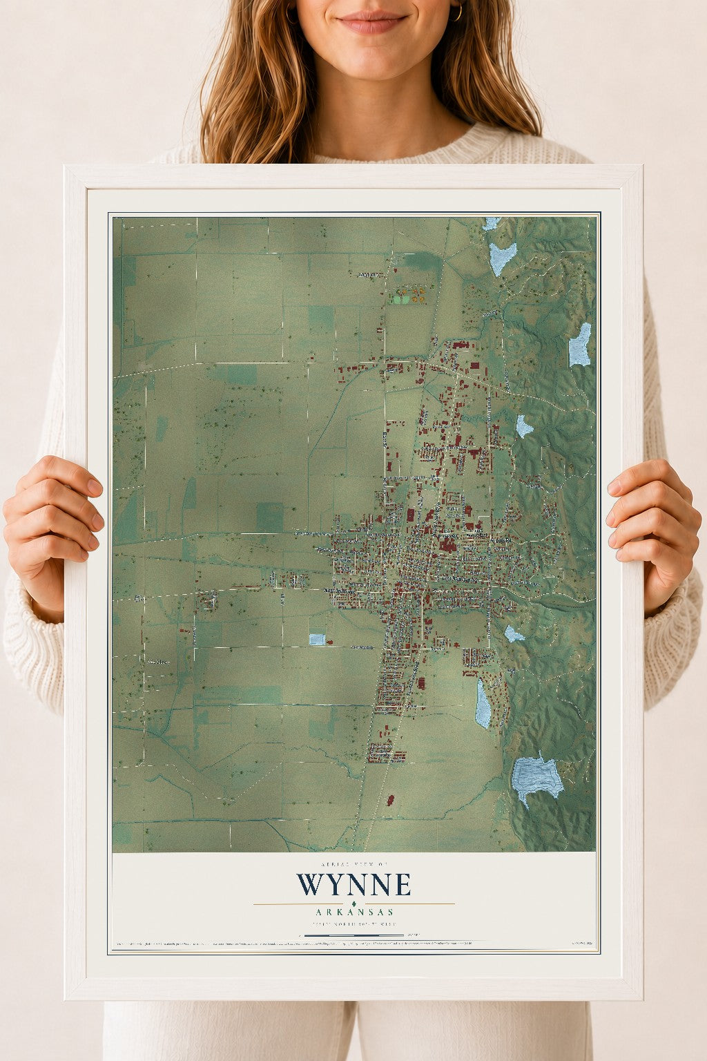 Map of Wynne, Arkansas, 18 x 24 inch print in a white wood frame