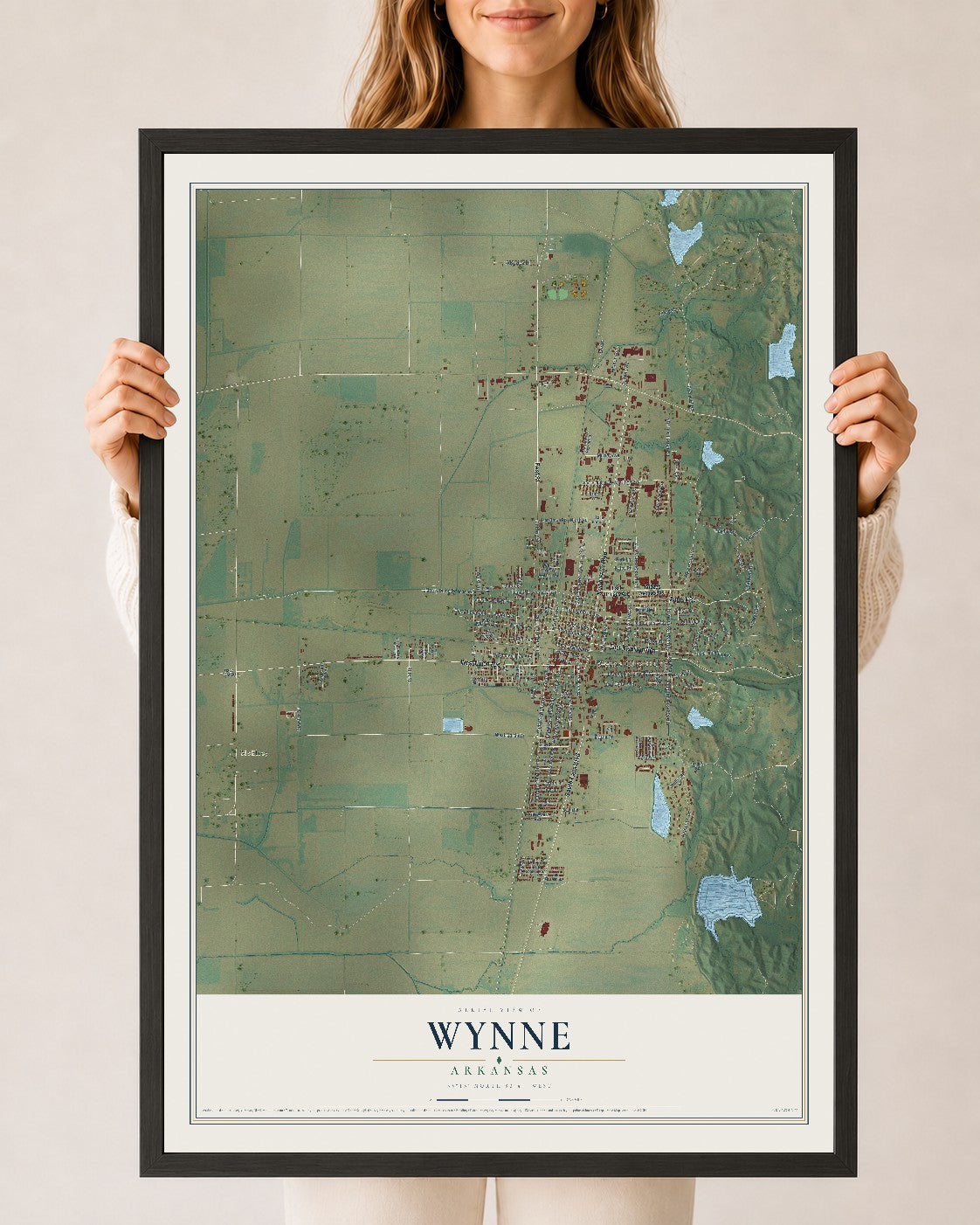 Map of Wynne, Arkansas, 24 x 36 inch print in a black wood frame