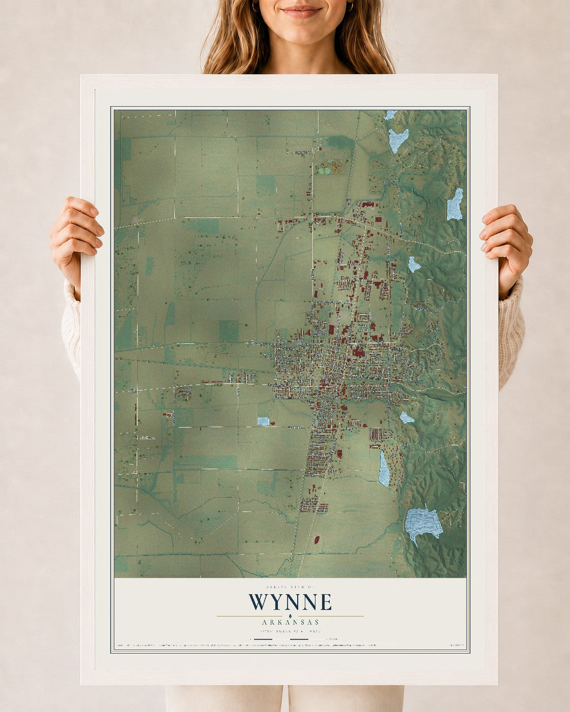 Map of Wynne, Arkansas, 24 x 36 inch print in a white wood frame