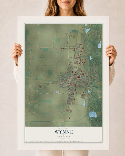 Map of Wynne, Arkansas, 24 x 36 inch print in a white wood frame