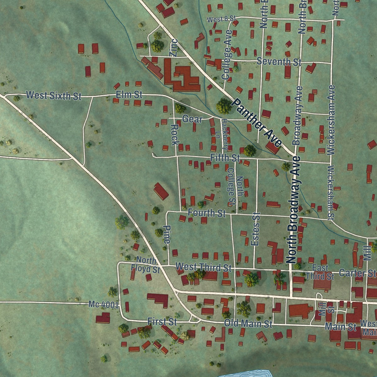 Close-up of the map of Yellville, Arkansas print showing street and building detail