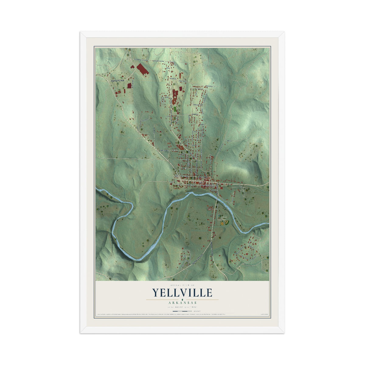 Map of Yellville, Arkansas, 12 x 18 inch print in a white wood frame