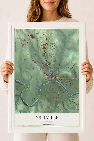Map of Yellville, Arkansas, 18 x 24 inch print in a white wood frame