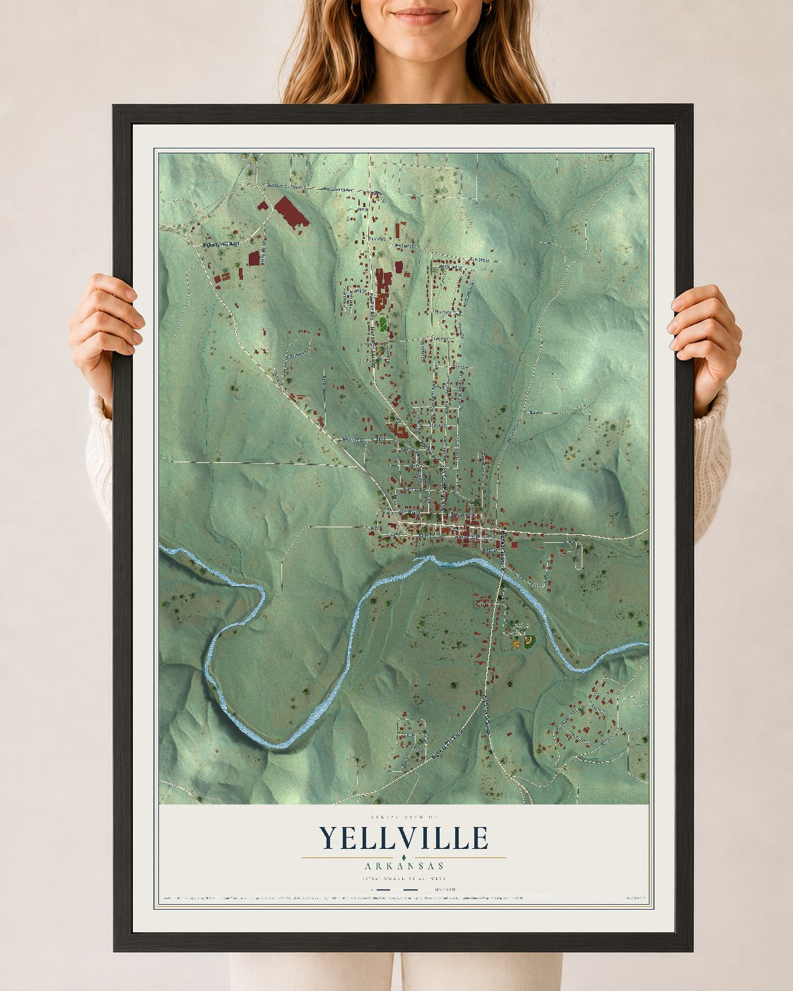 Map of Yellville, Arkansas, 24 x 36 inch print in a black wood frame