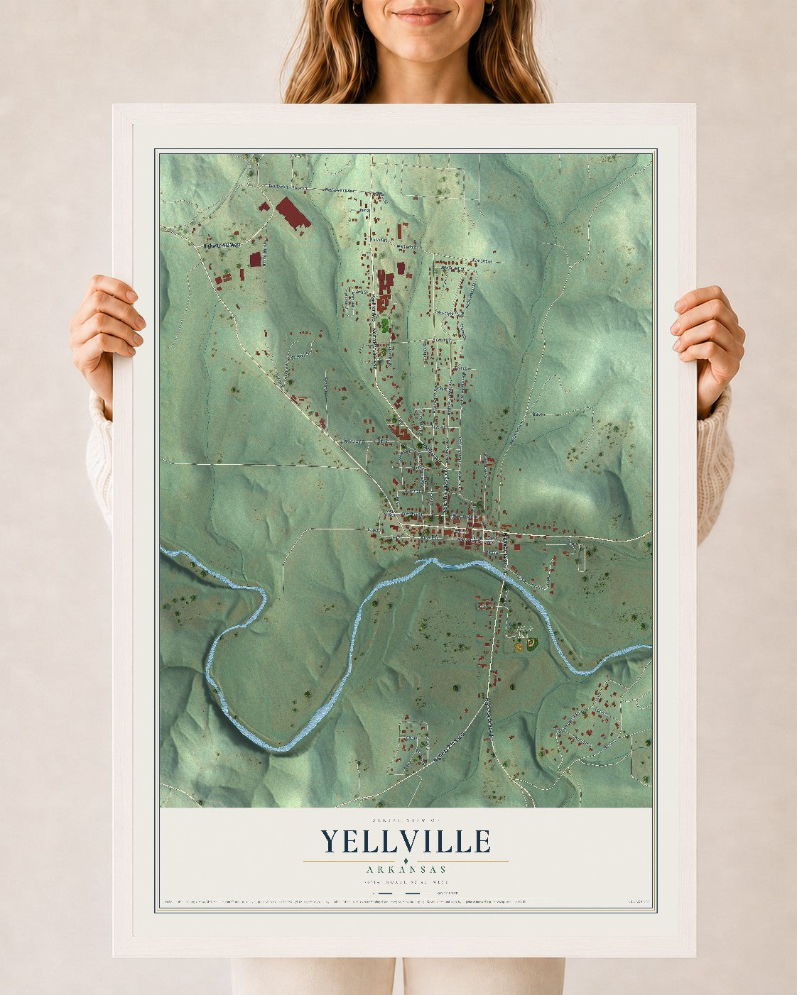 Map of Yellville, Arkansas, 24 x 36 inch print in a white wood frame