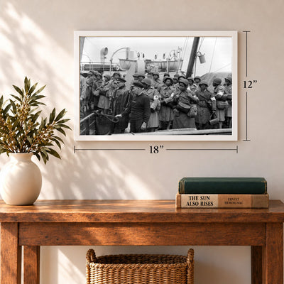 Army Nurses at Greenock, Scotland, 1944, 12 x 18 inch vintage photo print in a white frame in an entryway