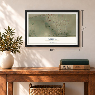 Aguila, Arizona map, 12 x 18 inch print in a black frame in an entryway