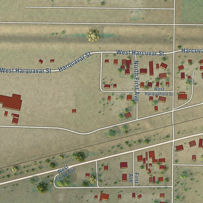 Close-up of the map of Aguila, Arizona print showing street and building detail