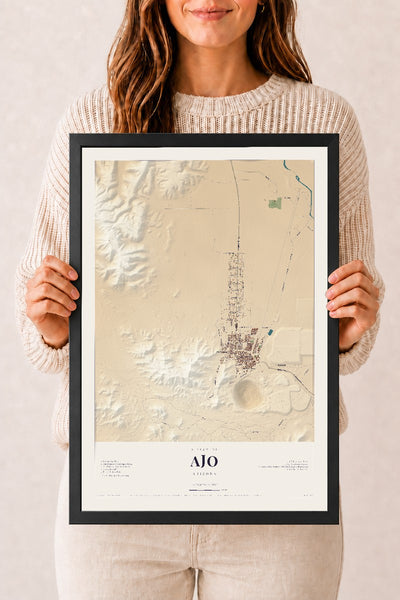 Ajo, Arizona map print, 12" x 18", W/ Black Ayous Wood Frame