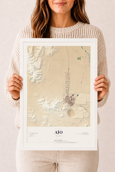 Ajo, Arizona map print, 12" x 18", W/ White Ayous Wood Frame