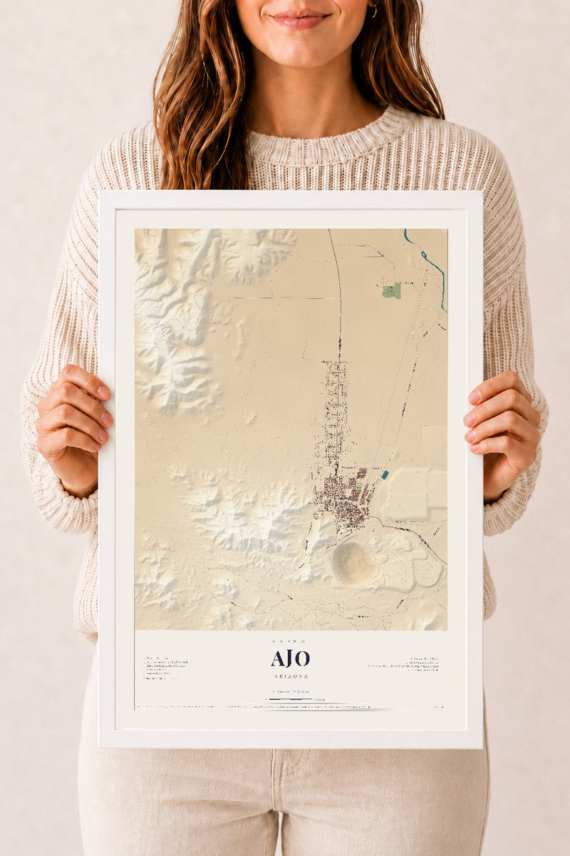 Ajo, Arizona map print, 12" x 18", W/ White Ayous Wood Frame