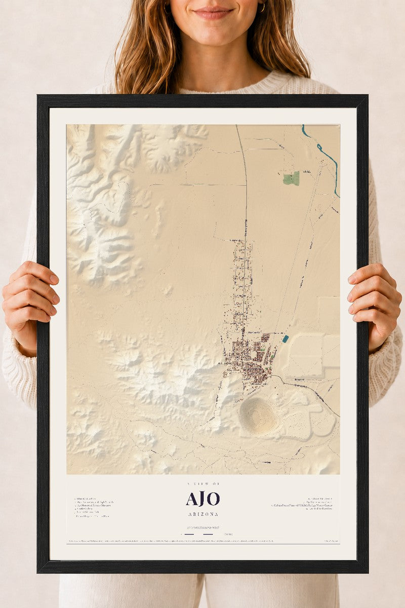 Ajo, Arizona map print, 18" x 24", W/ Black Ayous Wood Frame