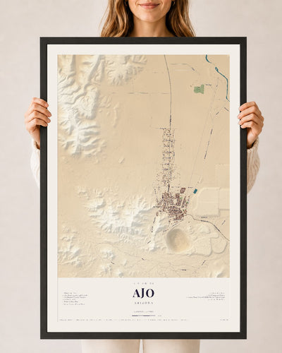 Ajo, Arizona map print, 24" x 36", W/ Black Ayous Wood Frame