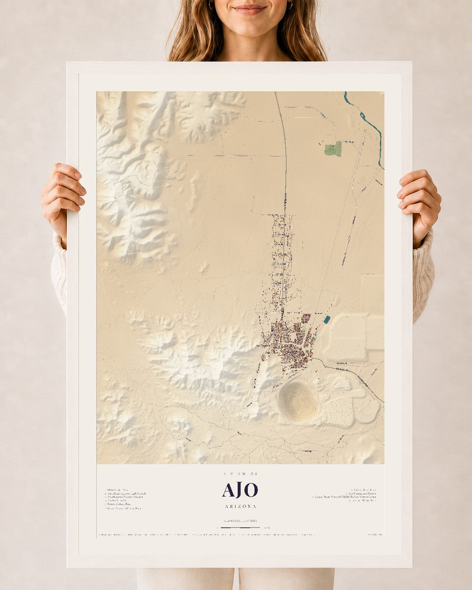 Ajo, Arizona map print, 24" x 36", W/ White Ayous Wood Frame