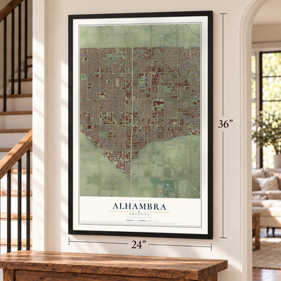 Alhambra, Arizona map, 24 x 36 inch print in a black frame by a staircase