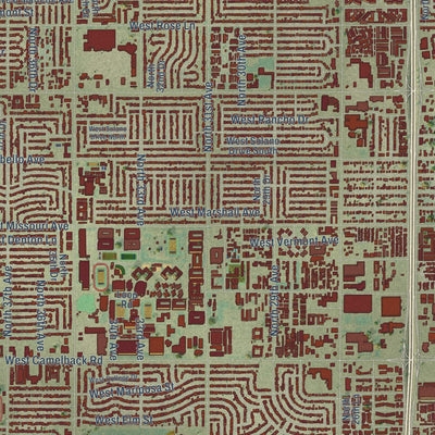 Close-up of the map of Alhambra, Arizona print showing street and building detail