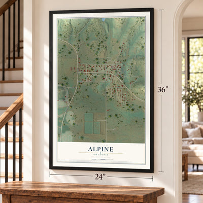 Alpine, Arizona map, 24 x 36 inch print in a black frame by a staircase