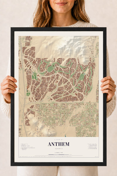Anthem, Arizona map print, 18" x 24", W/ Black Ayous Wood Frame