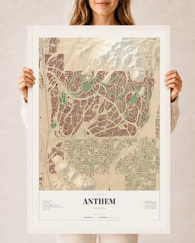 Anthem, Arizona map print, 24" x 36", W/ White Ayous Wood Frame