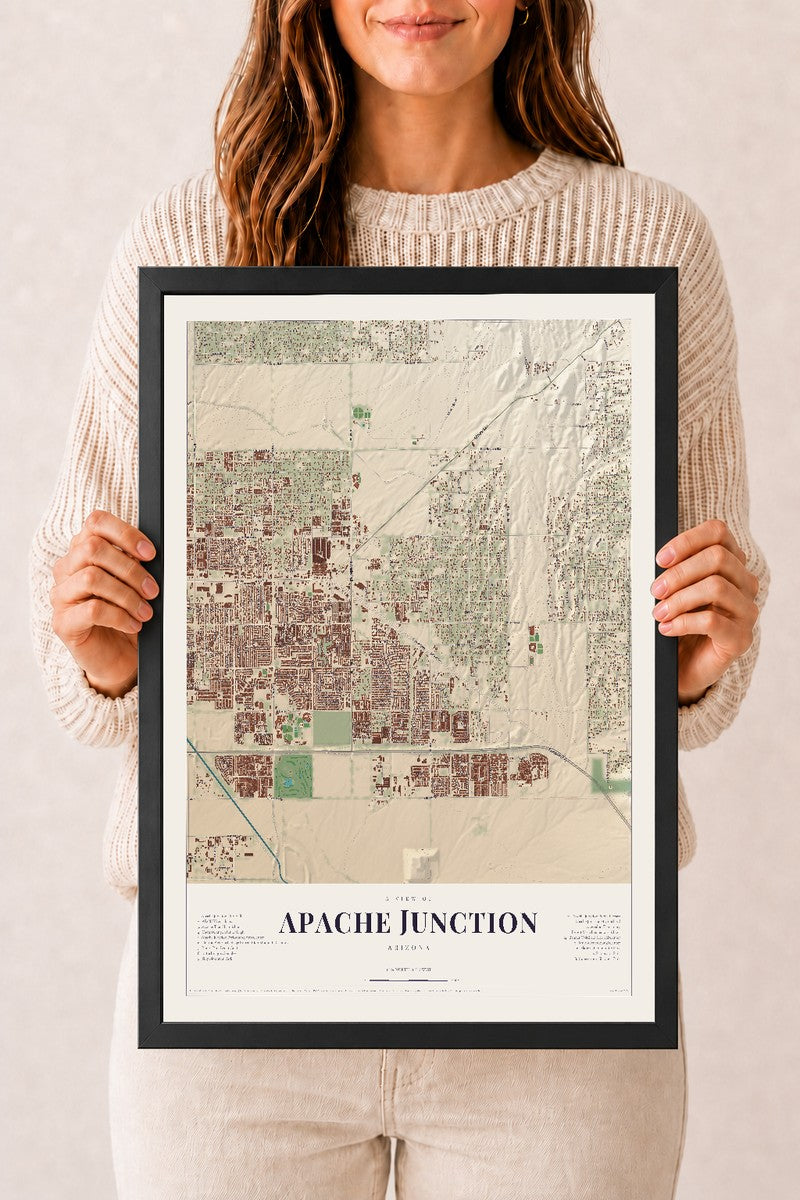 Apache Junction, Arizona map print, 12" x 18", W/ Black Ayous Wood Frame