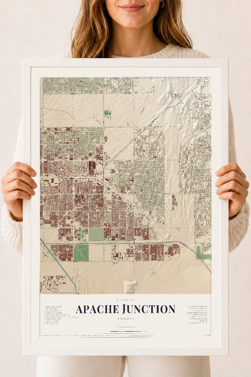 Apache Junction, Arizona map print, 18" x 24", W/ White Ayous Wood Frame
