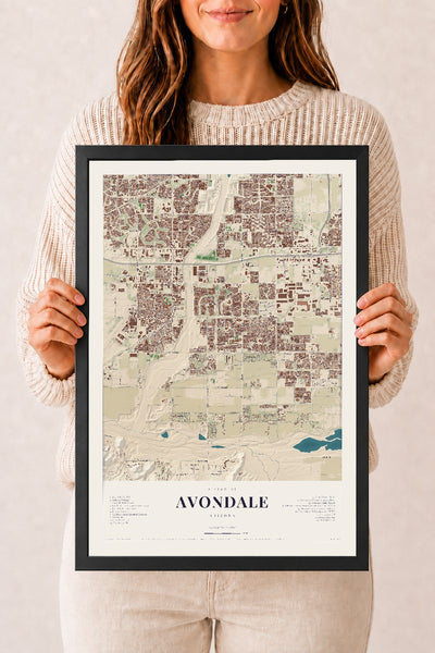 Avondale, Arizona map print, 12" x 18", W/ Black Ayous Wood Frame