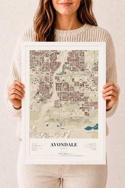 Avondale, Arizona map print, 12" x 18", W/ White Ayous Wood Frame