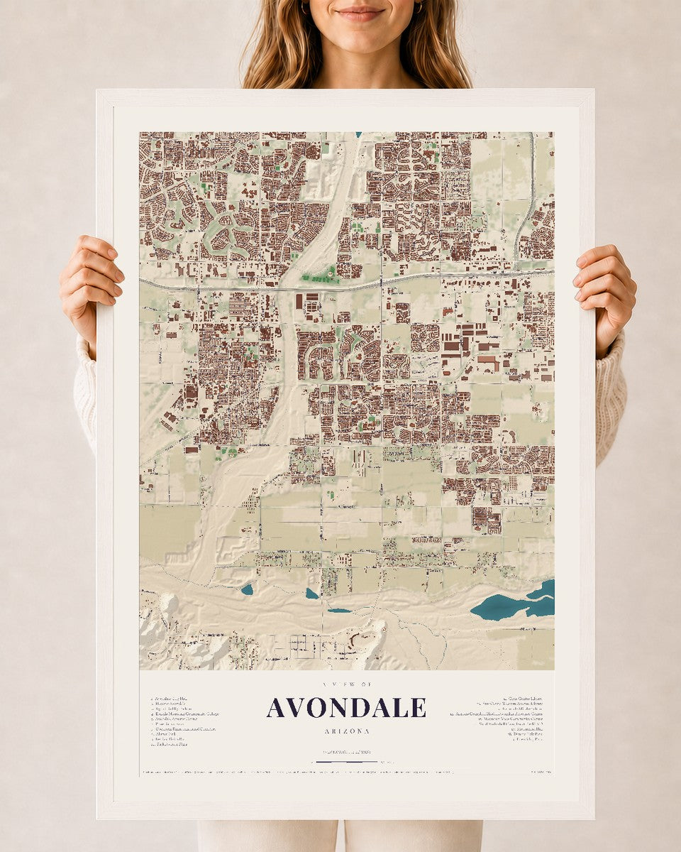 Avondale, Arizona map print, 24" x 36", W/ White Ayous Wood Frame