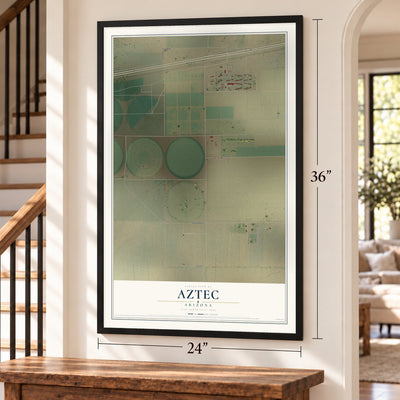 Aztec, Arizona map, 24 x 36 inch print in a black frame by a staircase