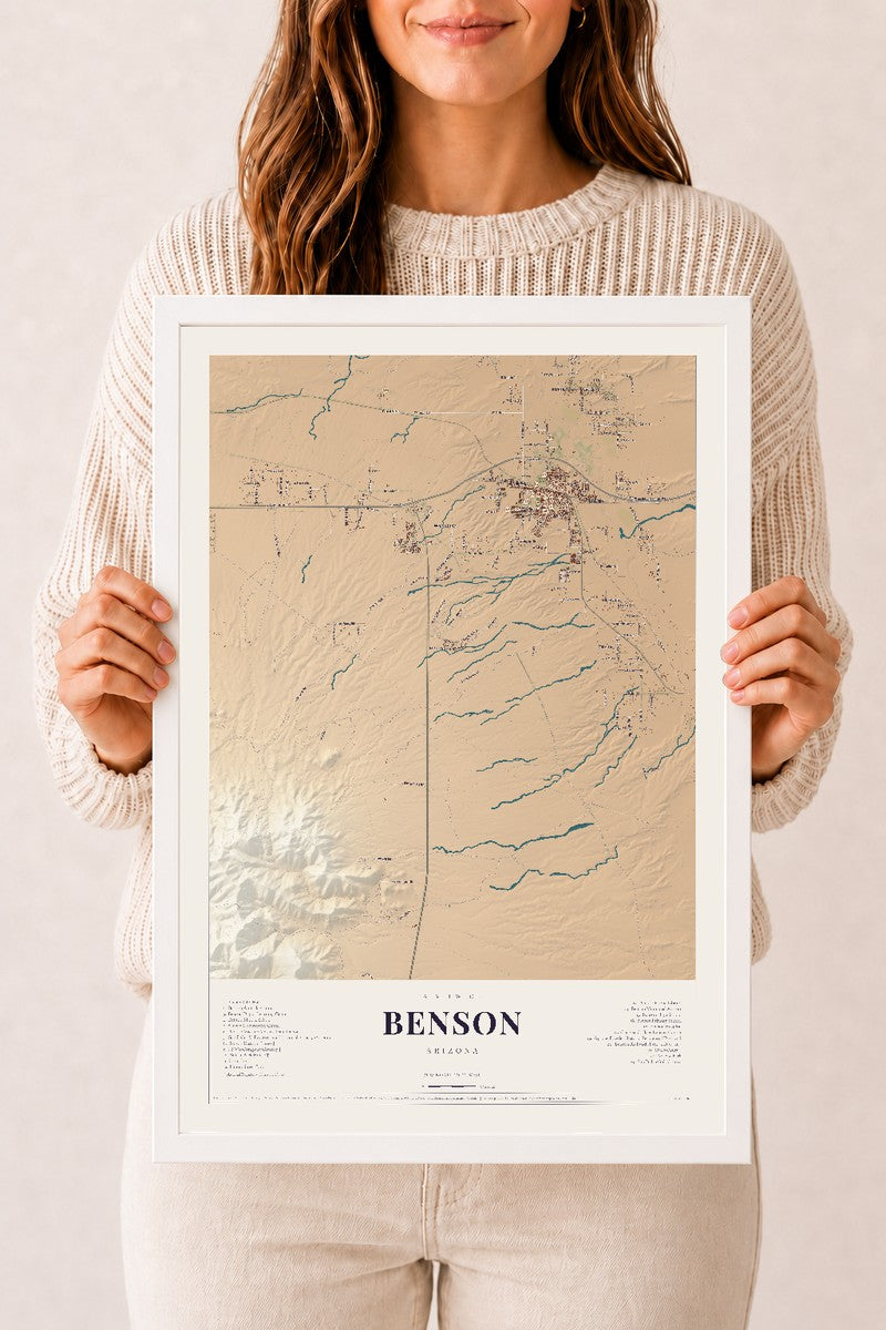 Benson, Arizona map print, 12" x 18", W/ White Ayous Wood Frame