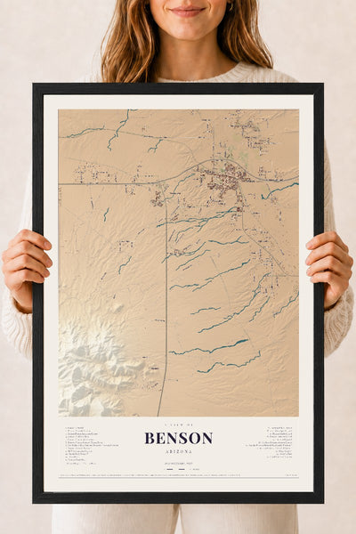 Benson, Arizona map print, 18" x 24", W/ Black Ayous Wood Frame