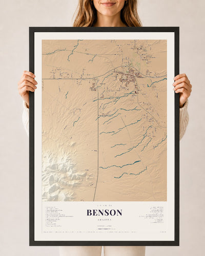Benson, Arizona map print, 24" x 36", W/ Black Ayous Wood Frame