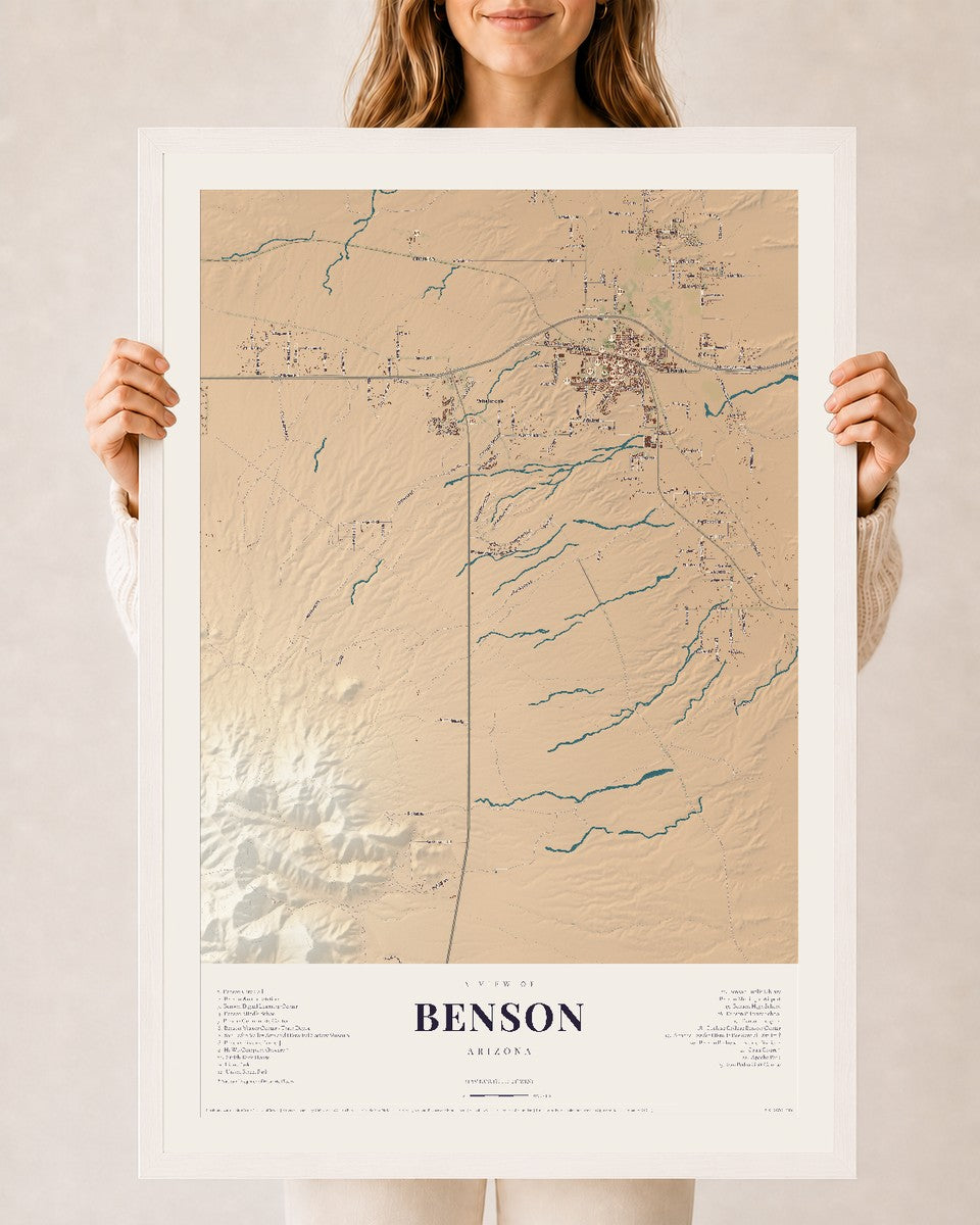Benson, Arizona map print, 24" x 36", W/ White Ayous Wood Frame